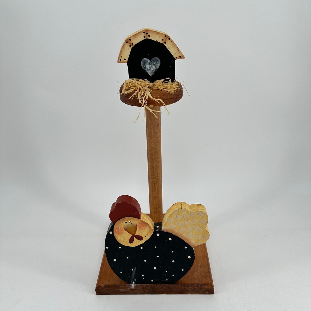 Vintage Folk Art Wooden Paper Towel Holder Hen Chicken Birdhouse Rustic Country